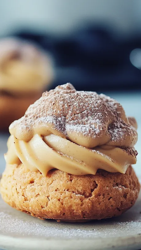 Profiterol con crema de café y  chocolate en polvo