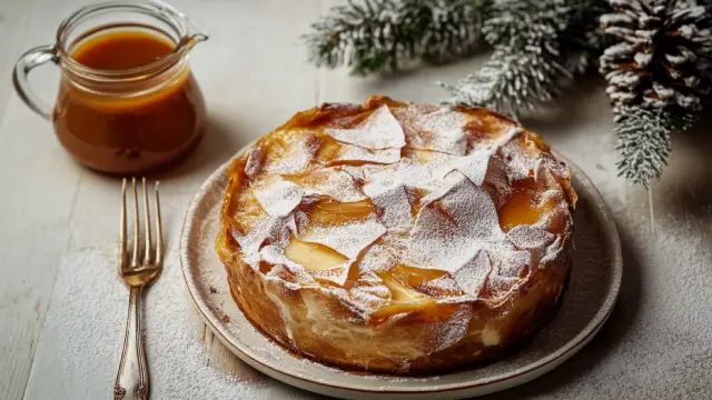 Tarta de crema catalana, jarra de caramelo, decoración navideña