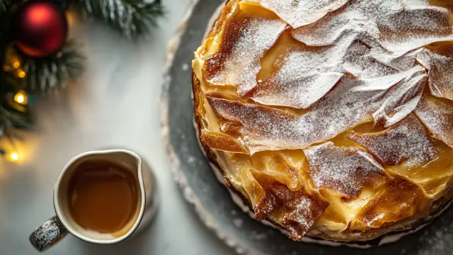 Tarta Crema Catalana con el caramelo en la mesa de Navidad