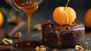 Brownie con mandarina y jugo de cocción