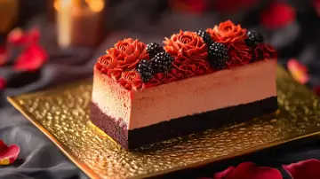 Bizcocho Red Velvet, mousse de frambuesas
