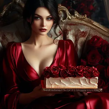 Escena Romántica de una mujer elegante con una tarta de San Valentin
