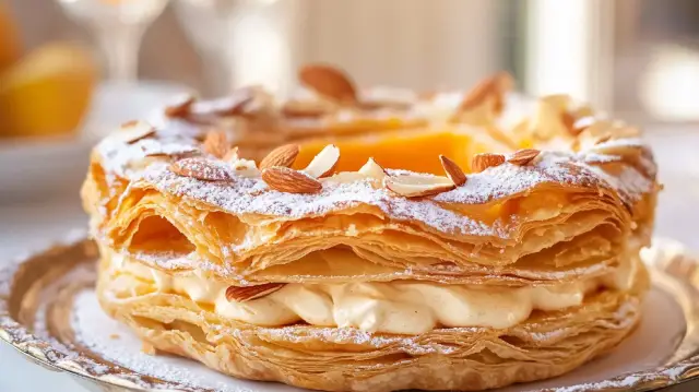 Corona de hojaldre, crema de naranja y almendras