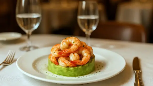 Aguacate con gambita blanca, gel de lima-limón y salsa coctél