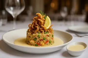 Arroz salteado estilo Shanghái, chipirones fritos y mayonesa de soja