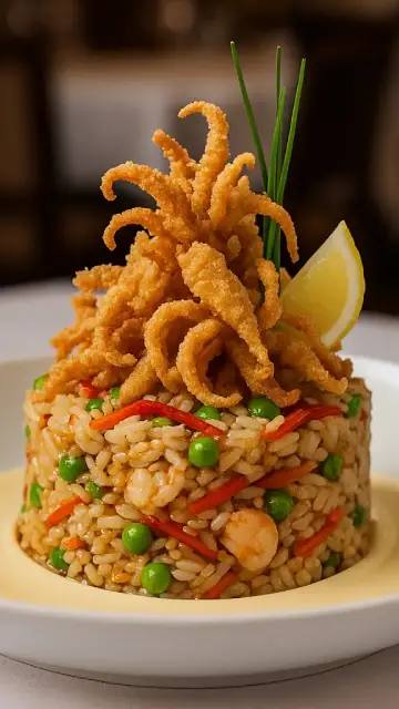 Arroz frito Shanghái, chipirones Andaluza y mayonesa oriental