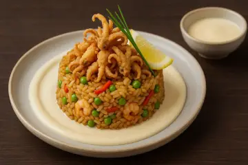 Arroz salteado estilo Shanghái, chipirones Andaluza y mayonesa oriental