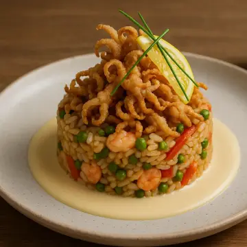 Arroz salteado estilo Shanghái, chipirones fritos y mayonesa de soja