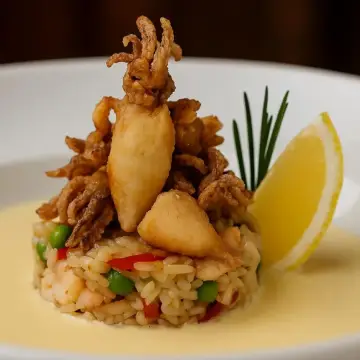 Arroz salteado estilo Shanghái, fritura de chipirones y mayonesa de soja