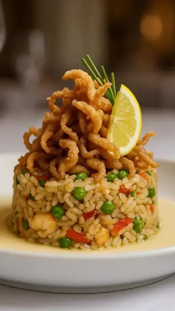 Arroz salteado estilo Shanghái, chipirones fritos y mayonesa oriental. Versión Mobile