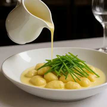 Ñoquis de conejo, crema de espárragos blancos y judias verdes versión cuadrada
