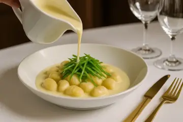 Ñoquis de conejo, crema de espárragos blancos y judias verdes primer plano