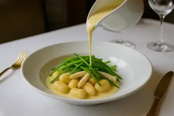 Ñoquis de conejo, crema de espárragos blancos y judias verdes, sirviendo la crema