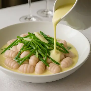 Ñoquis de conejo, crema de espárragos blancos y judias verdes, servivio mesa