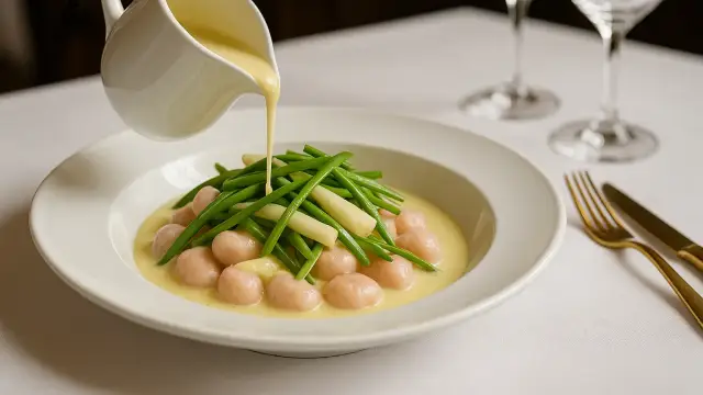 Ñoquis de conejo, crema de espárragos blancos y judias verdes