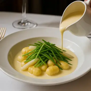 Ñoquis de conejo, crema de espárragos blancos y judias verdes buenisimos