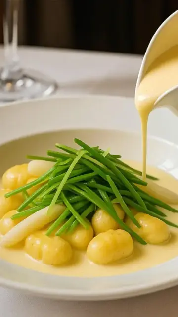 Ñoquis de conejo, crema de espárragos blancos y judias verdes. Versión móvil