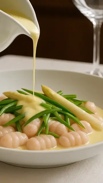 Ñoquis de conejo, crema de espárragos blancos y judias verdes, version móvil primer plano
