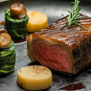 Pieza de Ternera asada al vino tinto, terrina de espinacas, patatas y anchoas