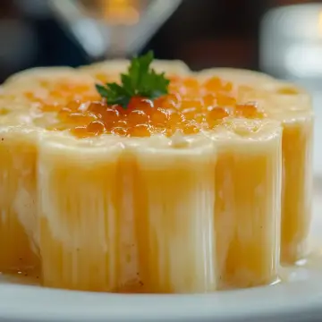 Macarrones XL rellenos de salmón fresco, caviar ahumado de salmón