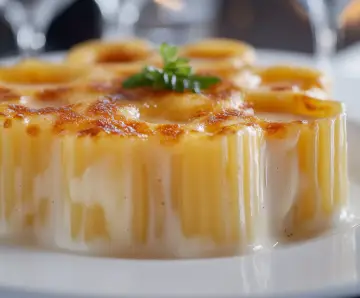 Macarrones XL rellenos de salmón fresco, salsa de vermut blanco y caviar ahumado de salmón