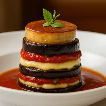 Milhojas de berenjenas, tomate , scamorza con foie caramelizado