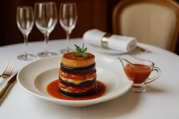 Milhojas de berenjenas, tomate confitado y mozzarella con foie caramelizado y salsa marinara