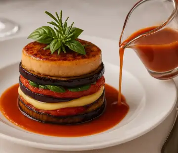 Milhojas de berenjenas, tomate confitado y scamorza con foie caramelizado y salsa marinara