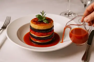 Milhojas de berenjenas, tomate confitado y mozzarella ahunada con foie y salsa marinara