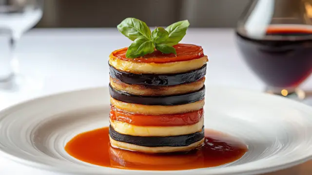 Milhojas de berenjenas, tomate confitado y mozzarella ahunada con foie caramelizado y salsa marinara