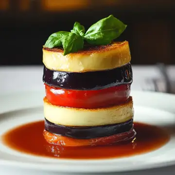 Milhojas de berenjenas, tomate confitado y mozzarella ahunada con foie gras y salsa marinara