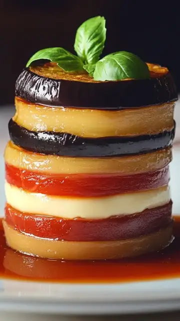 Milhojas de berenjenas, tomate confitado y scamorza con foie y salsa marinara