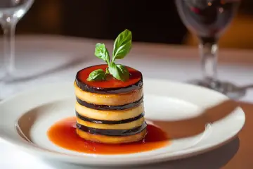 Milhojas de berenjenas, tomate c y mozzarella ahunada con foie y salsa marinara
