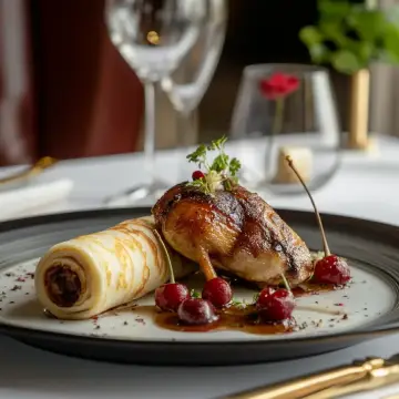 Codorníz con cerezas, Crepe Roll relleno de champiñones