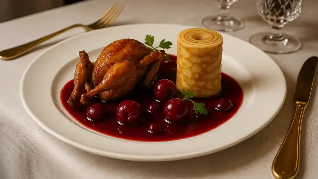 Codorníz asada con cerezas, Crepe Roll relleno de champiñones