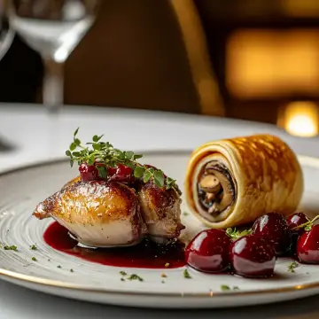 Pechuga de Codorníz asada con cerezas, Crepe Roll relleno de champiñones