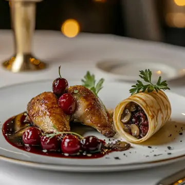 Pechugas de Codorníz asada con cerezas, Crepe Roll relleno de champiñones