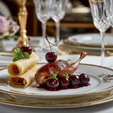 Codorníz asada con cerezas, Crepe Roll relleno de champiñones