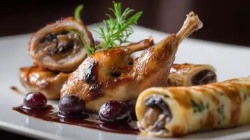 Codorníz asada con cerezas, Crepe relleno de champiñones
