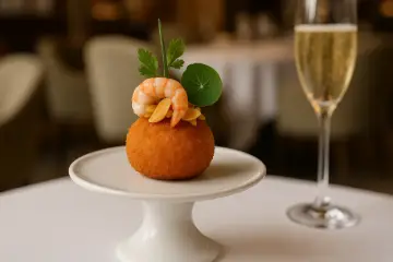 Croquetas cremosas de gambas al ajillo y chips de ajo dorado con cava