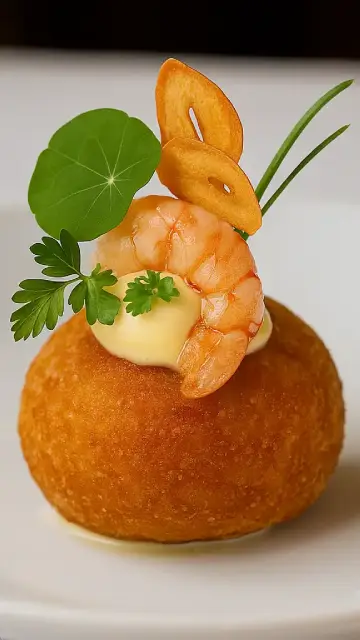 Croquetas cremosas de gambas al ajillo y chips de ajo dorado versión mobile