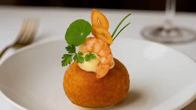 Croquetas cremosas de gambas al ajillo y chips de ajo dorado
