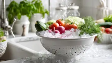 Enfriando verduras con un colador y hielo