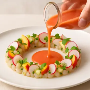 Tartare de pescado, salmorejo express de tomate y sandía