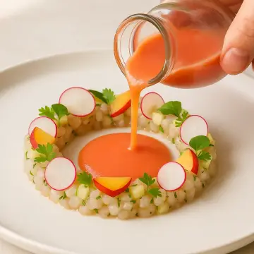 Tartare de lubina, salmorejo express de tomate y sandía