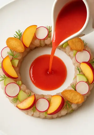 Tartare de lubina y frutas, salmorejo express de tomate y sandía