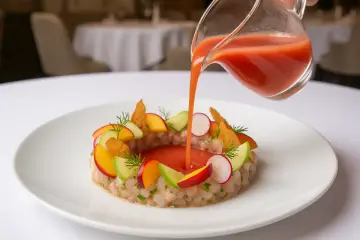 Tartare depescado, salmorejo de tomate y sandía