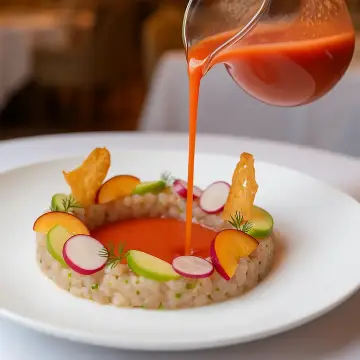 Tartare de lubina, salmorejo express de tomate y sandía