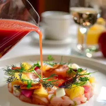 Tartare de lubina y frutas, salmorejo de tomate y sandía