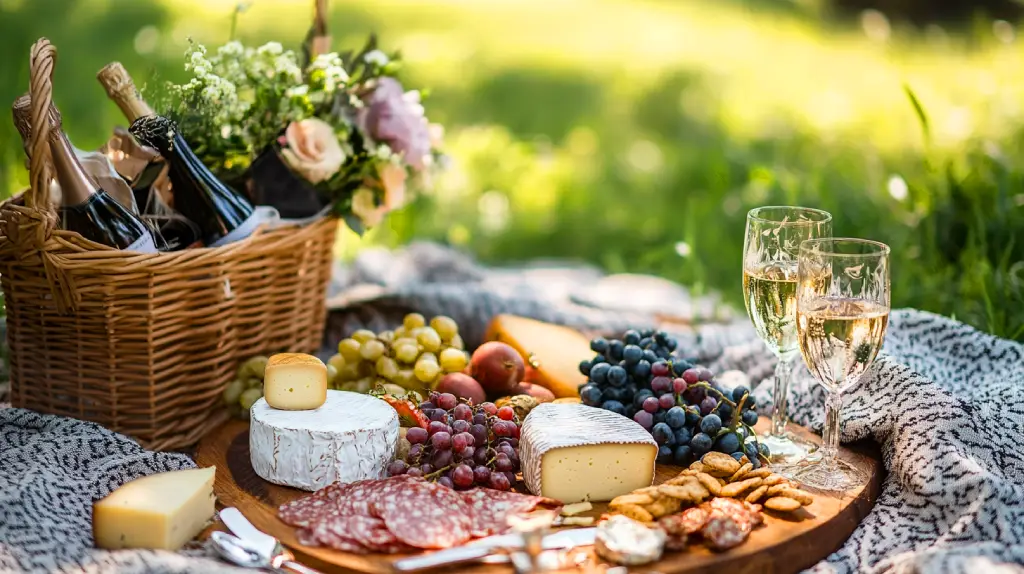 Picnic elegante en campo con mantas, platos fríos, vino y fruta